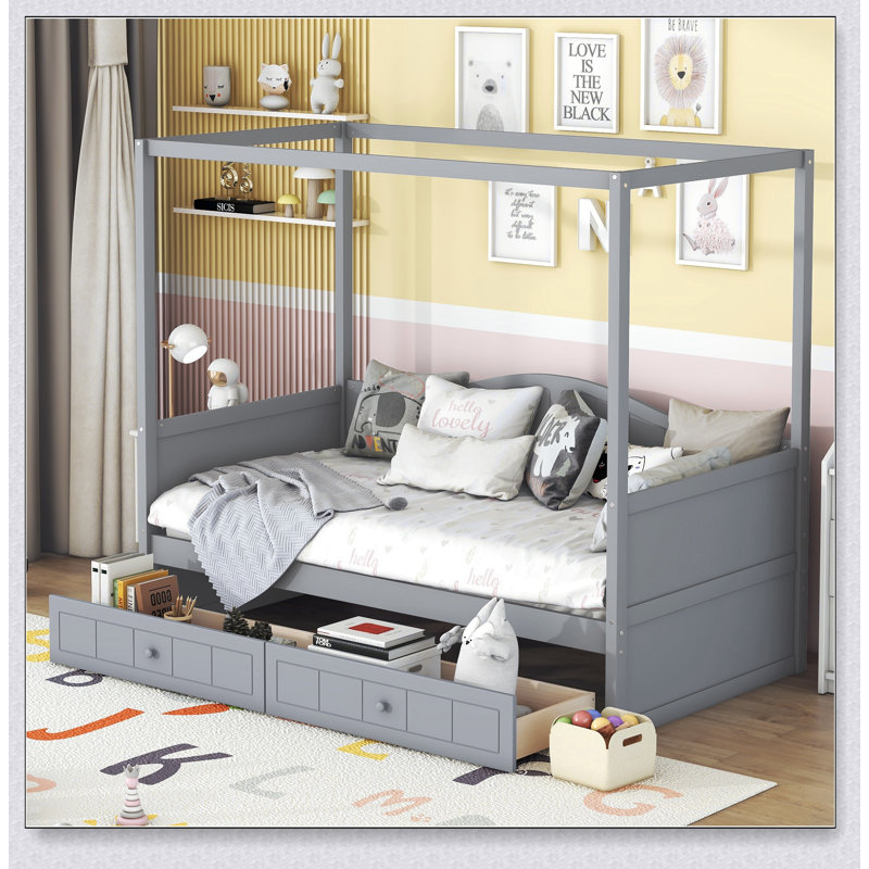 Canopy Day Bed With 2 Drawers, Gray