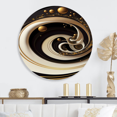 Black, Silver And Gold Blending Swirls VII - Abstract Spirals Round Wall Art on Metal