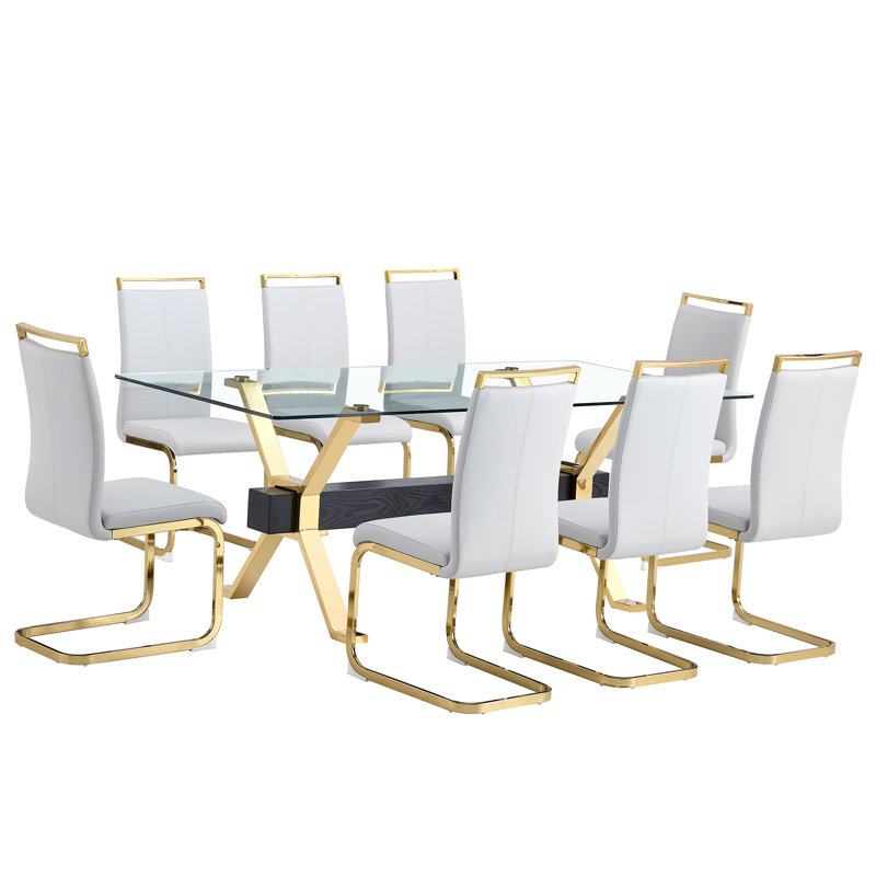 Aurora Luxe 79" Tempered Glass Dining Table Set with  Faux Leather High-Back Chairs - Modern Gold X-Base Design (Set of 9)