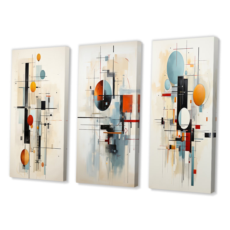«Beige Blue Suprematism Geometric Explorations II», 3 pièces, H 32 po x l 48 po, Encadrement doré