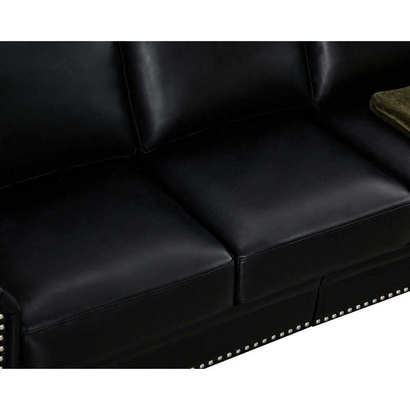 Canapé modulaire 2 + 3 avec options de rangement adéquates, salon en similicuir noir, fabrication solide, repose-pieds confortable pour rehausser la pièce: rembourrage confortable en cuir, en bois et en métal, étapes d'assemblage faciles