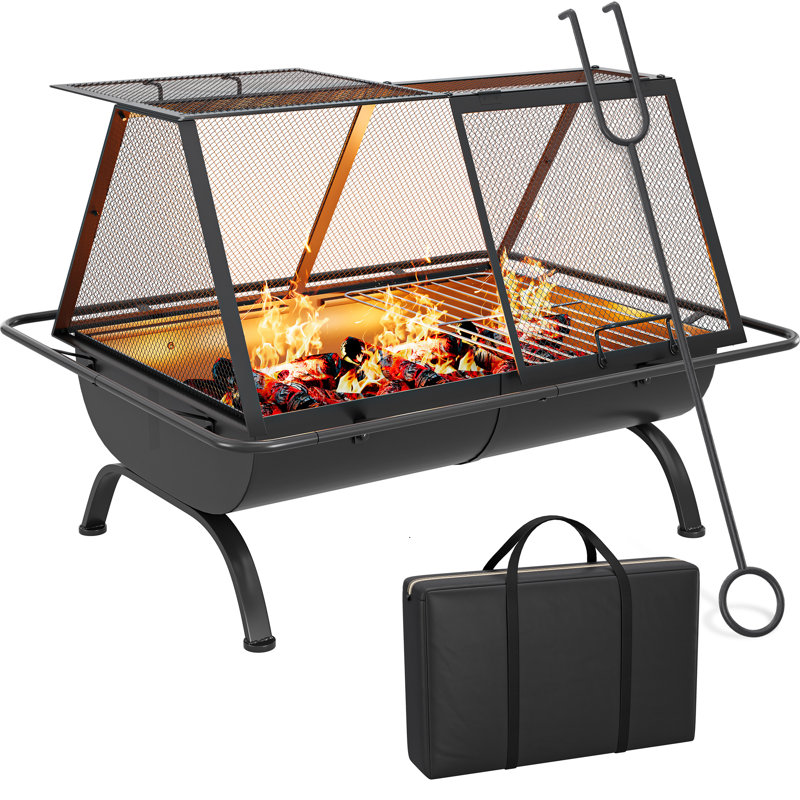 Edrosie Inc 27-Inch Outdoor Wood-Burning Fire Pit with Cooking BBQ Grill Grate, Spark Screen, Poker, Built-in Grate and Storage Bag