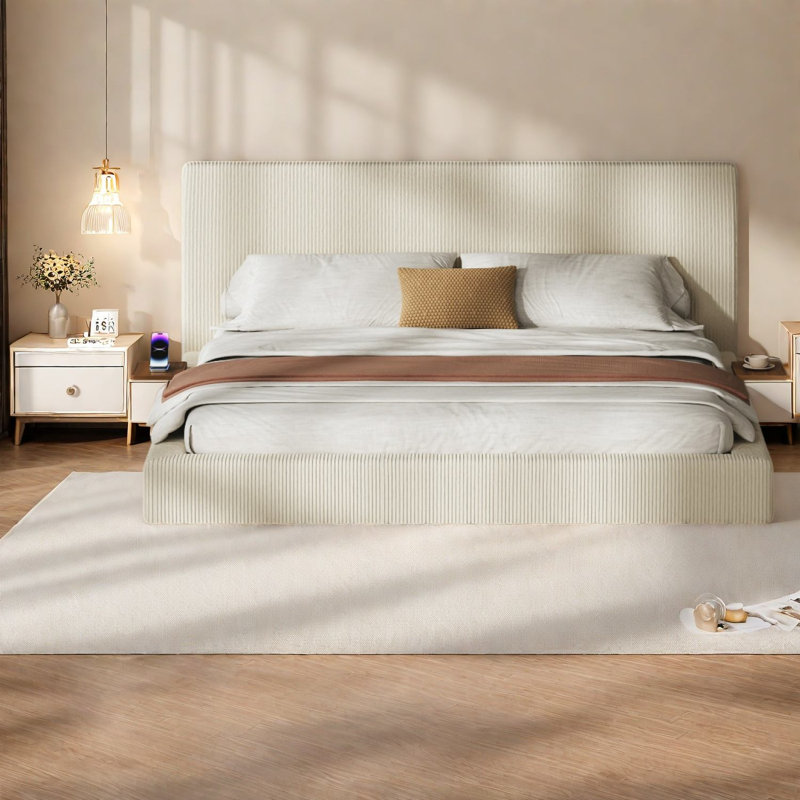 Lit King moderne, cadre en velours côtelé d'acier, rangement ajustable pour la maison