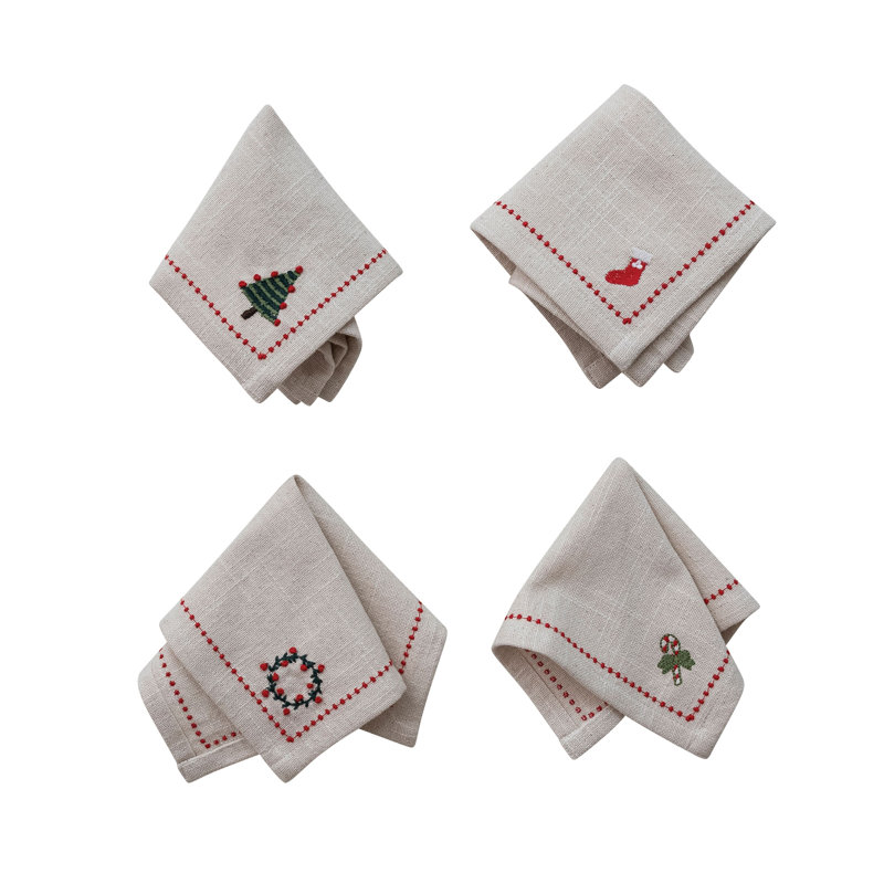 Festive Embroidered Cotton Holiday Napkin Set, 10" Square