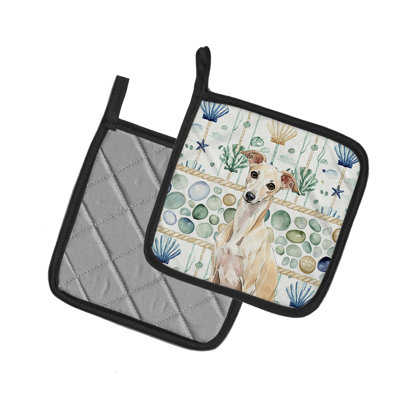 Cream Italian Greyhound Coastal Sea Glass Pair of Pot Holders