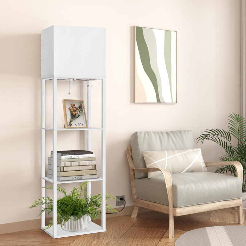Modern Floor Lamp With Shelves, 3-Tier Wooden Standing Lamp With Multi-Color LED Bulb, Storage Shelf Lamp For Living Room, Bedroom, Office