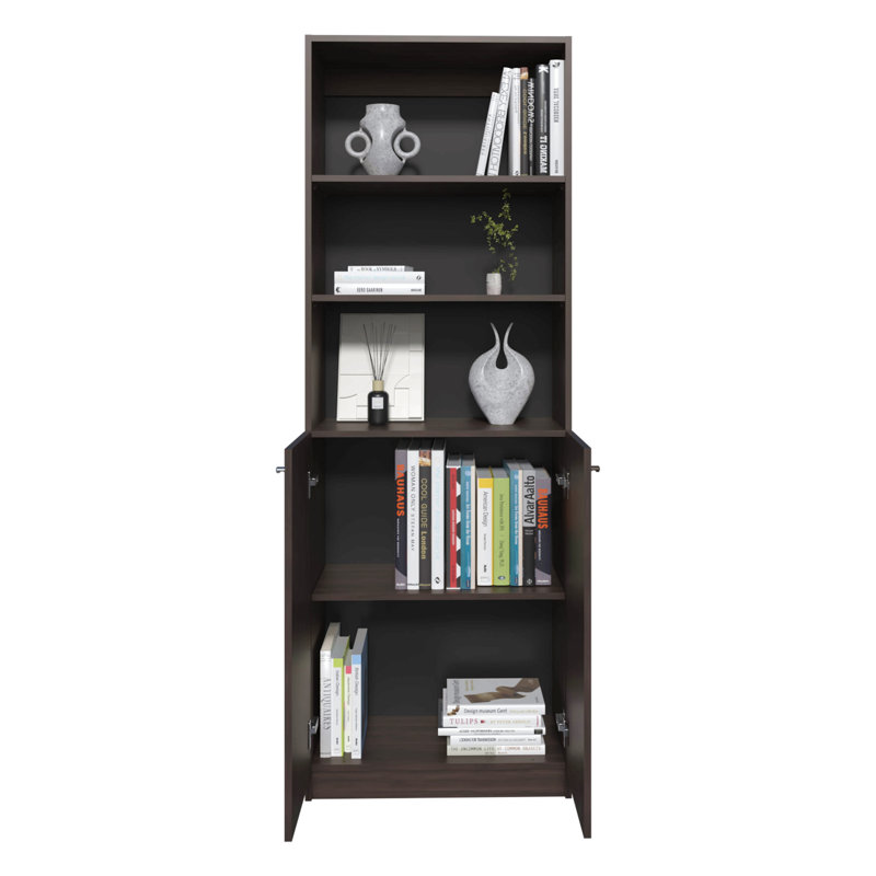 Home 2 Door Bookcase With Two Open Shelves And Concealed Storage, Stained Walnut