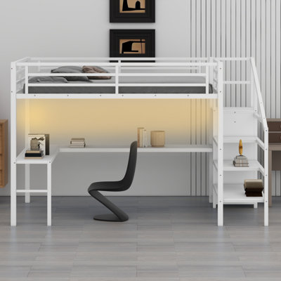 Loft Bed With L-Shaped Desk And USB, Metal Loft Bed With Wardrobe And Shelf, High Loft Bed With LED For Kids Teens Adults