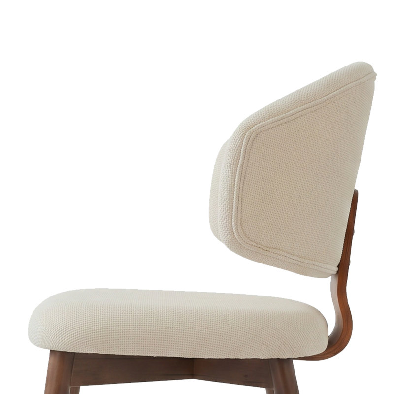 Chaise de salle à manger rembourrée beige de style milieu du siècle, dossier incurvé, revêtement en lin et pieds en bois massif naturel, ensemble de 4