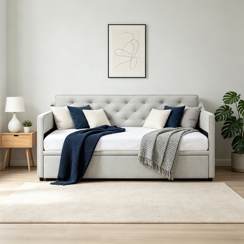 Lit de jour simple tapissier en lin moderne avec lit gigogne escamotable moderne, avec station de charge, Beige