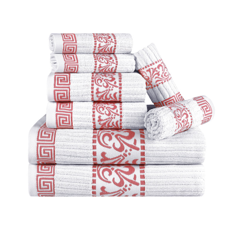 Ensemble de serviettes 8 pièces à bordure moyenne 100% coton à motif floral Athens, Corail