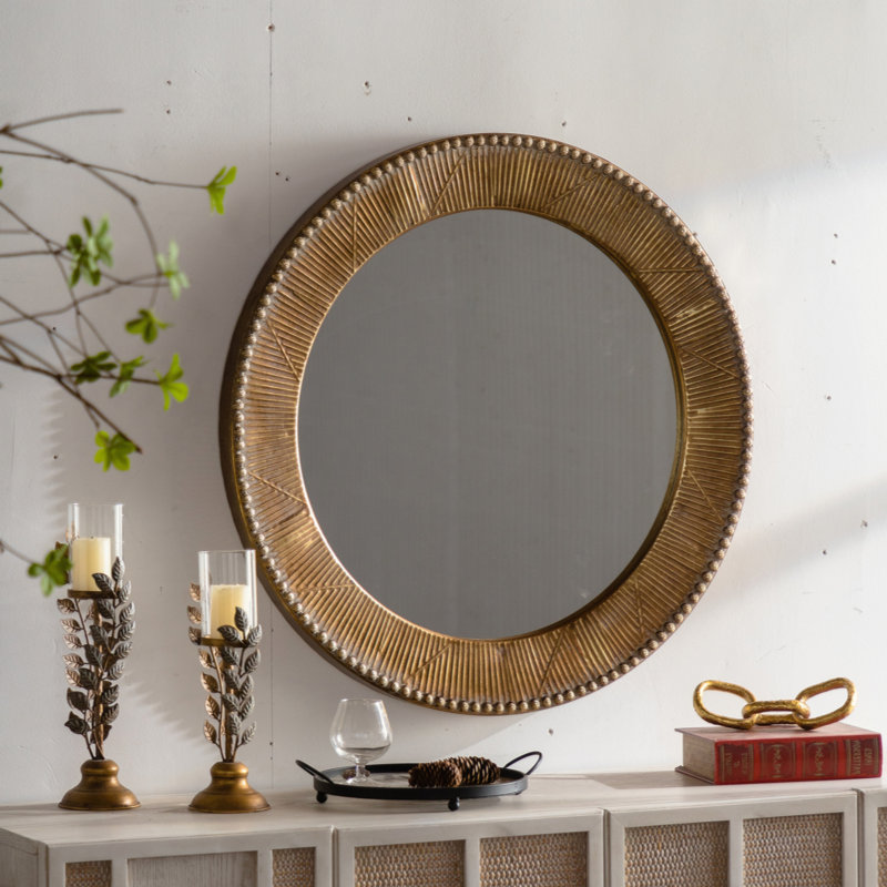 Miroir mural rond texturé - cadre en fer et miroir décoratif à l'arrière en panneau de fibres à densité moyenne, miroir d'appoint Boho