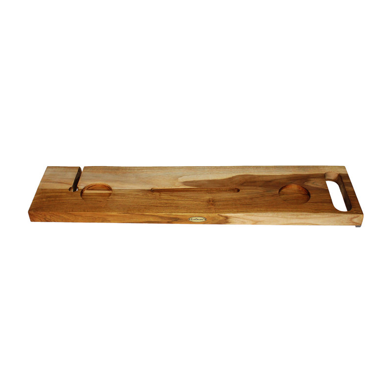 EcoDecors Eleganto 36" Solid Teak Bath Caddy Tray with Wine Glass & Tablet Holder, 1.5" H x 36" W x 9" D