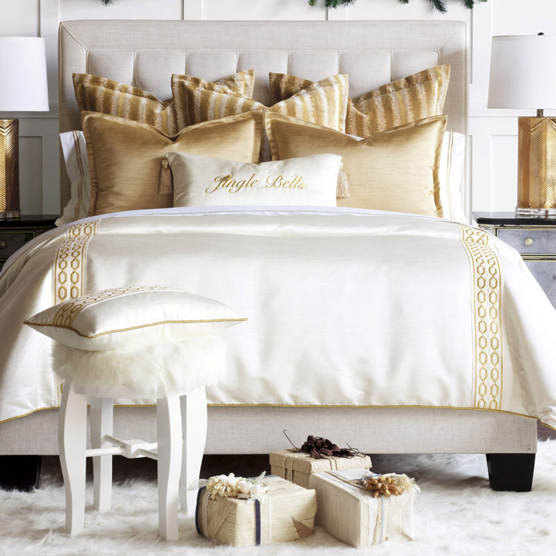 White and Gold Embroidered Lumbar Pillow with Tassels