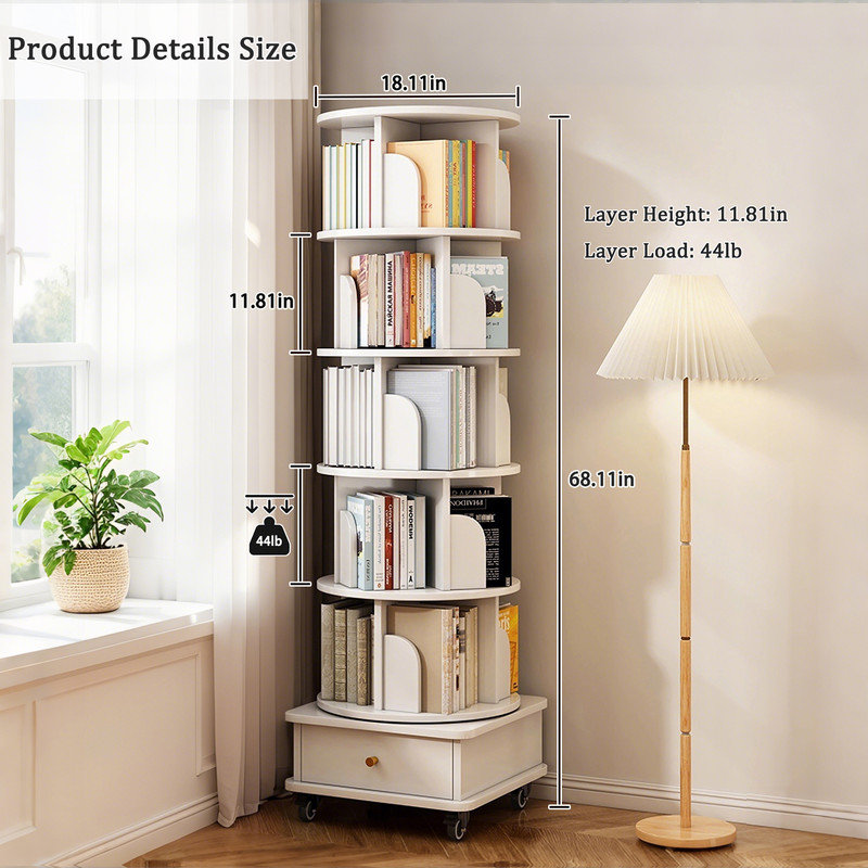 6-Tier 360° Rotating Bookshelf Tower with Storage Drawer and Lockable Wheels, White