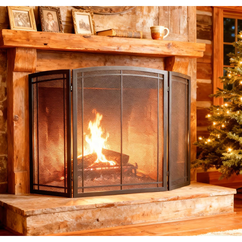 Pare-étincelles 3 panneaux en fer forgé noir L 48 po x H 30 po (moderne)