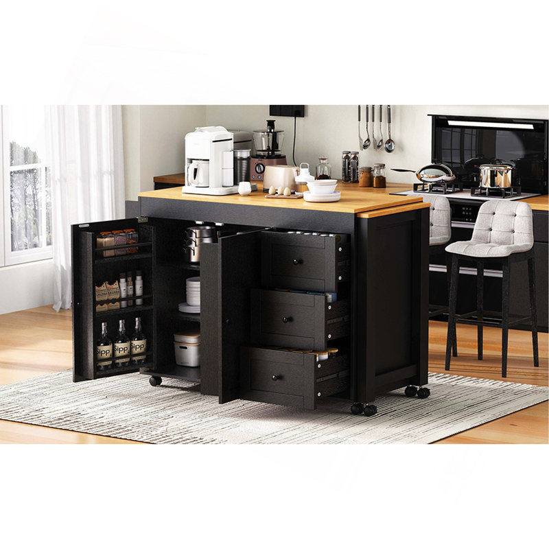 74.8" Kitchen Island With Extendable Dining Table, Kitchen Storage Cart With 3 Drawers, Power Outlet, Rolling Kitchen Island On Wheels With Spice Rack And 2 Door Cabinet, For Kitchen