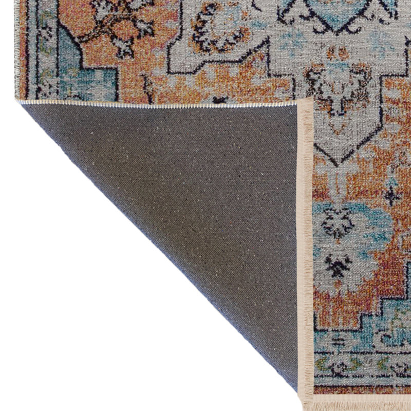 Tapis décoratif bleu à motif traditionnel bleu et orange, Tapis de couloir 2 pi 8 po x 6 pi 7 po