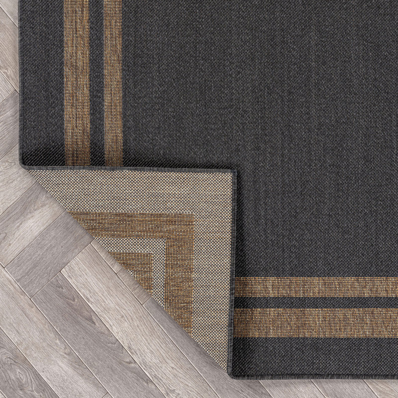 Tapis tissé plat intérieur / extérieur en jute Border Easy-Care, Gris foncé, Rectangle 5 pi x 7 pi