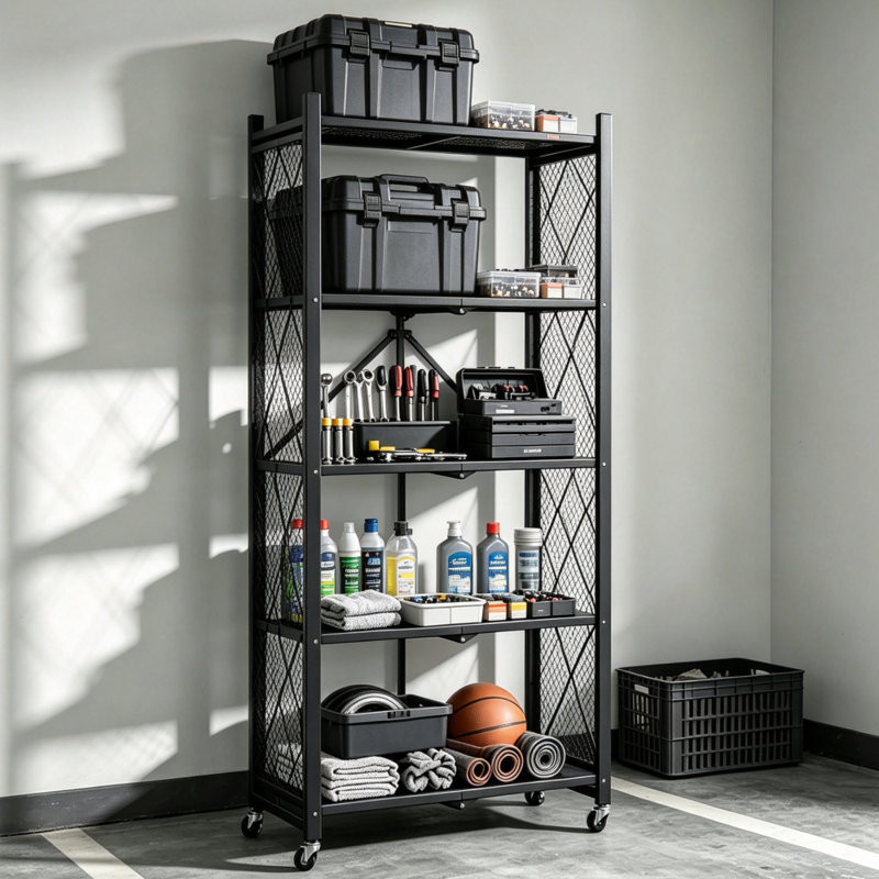 Étagère de rangement pliante en métal à cinq niveaux avec roulettes - Unité de rangement polyvalente pour le garage et la cuisine. Conception ventilée, aucun assemblage requis. Style en fer forgé noir, idéal pour les sous-sols et le rangement des aliments.