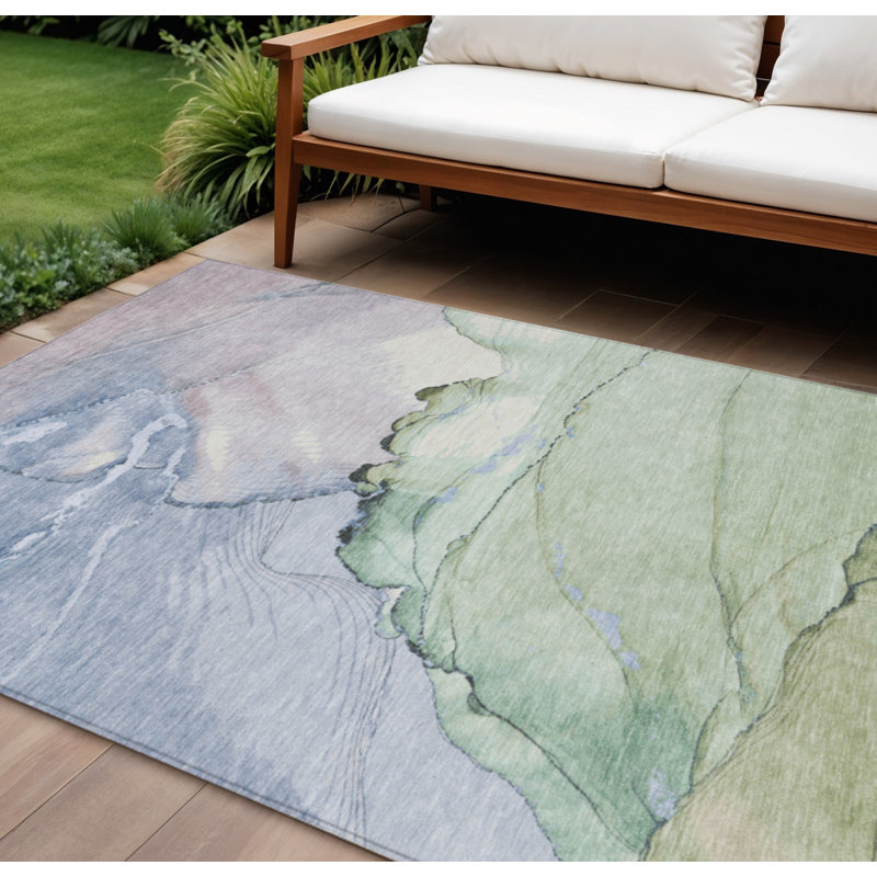 Tapis intérieur/extérieur lavable, motif abstrait vert artichaut et lavande, 3 m x 4,2 m