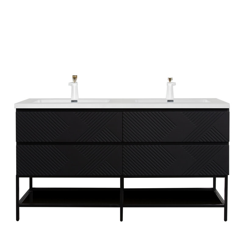 Espartaco 72 po L x 21 po P 4 tiroirs Meuble-lavabo autoportant avec évier double et Comptoir en Polymarbre blanc