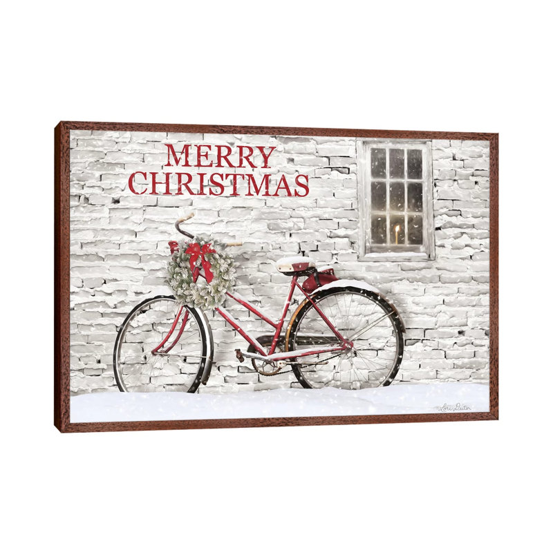 Merry Christmas Bicycle by Lori Deiter - Print on Canvas, 45.72cm H x 66.04cm W x 3.81cm D, Classic Brown Wood Framed