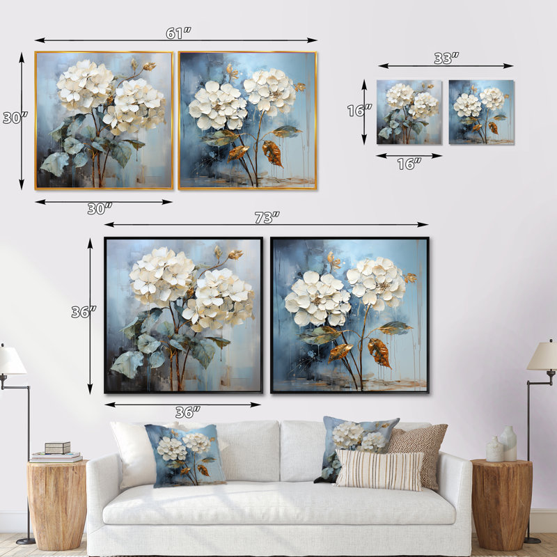 Hortensias bleus en fleurs dans des tons de gris - ensemble de 2 hortensias carrés, Cadre flottant noir, H 36 po x l 73 po