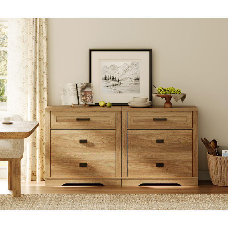 Laziza  Farmhouse 6 Drawers Dresser For Bedroom, 62 Inch 2 In 1 Double Dresser With Small Chest Of Drawers,Mid Century Modern Wooden Closet Storage Organizer For Living Room, Hallway