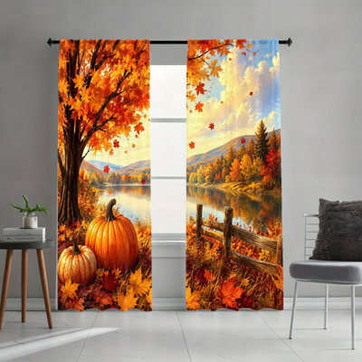 2PCS Rod Pocket Light Filtering Curtains, Autumn Harvest Scene Pumpkin Falling Leaves Printed Drapes, Cozy Fall Home Decor, All Season Window Treatments for Living Room Bedroom Study Home Decoration