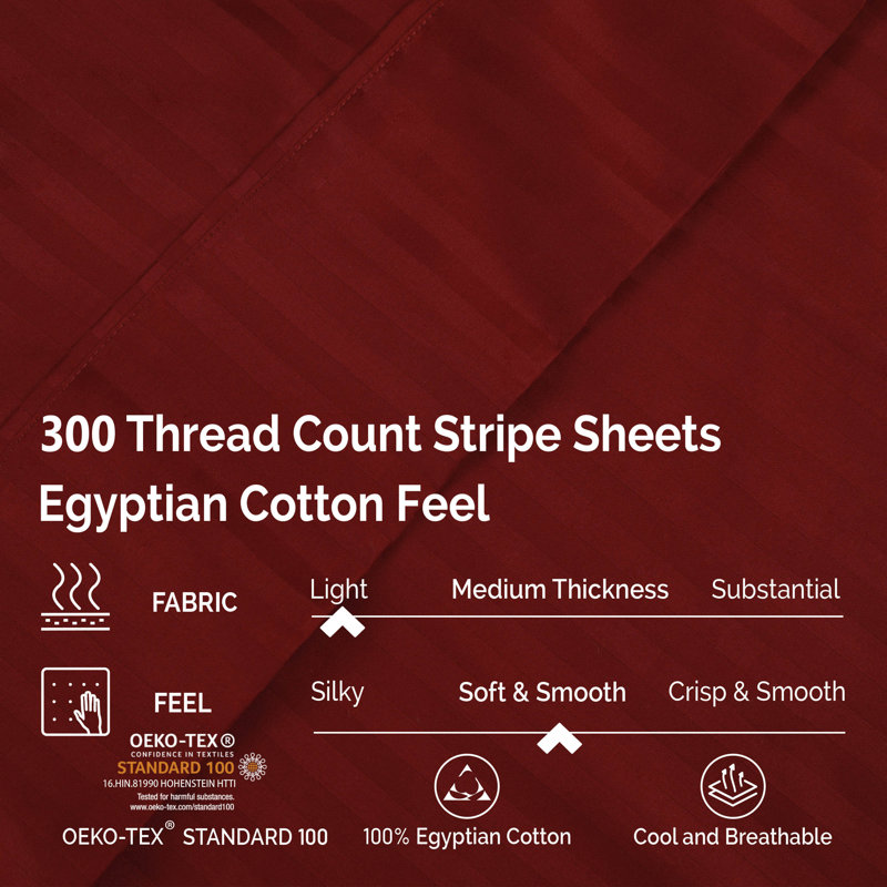 300-Thread Count Stripe Deep Pocket Standard Cotton Sheets, California King, Burgundy