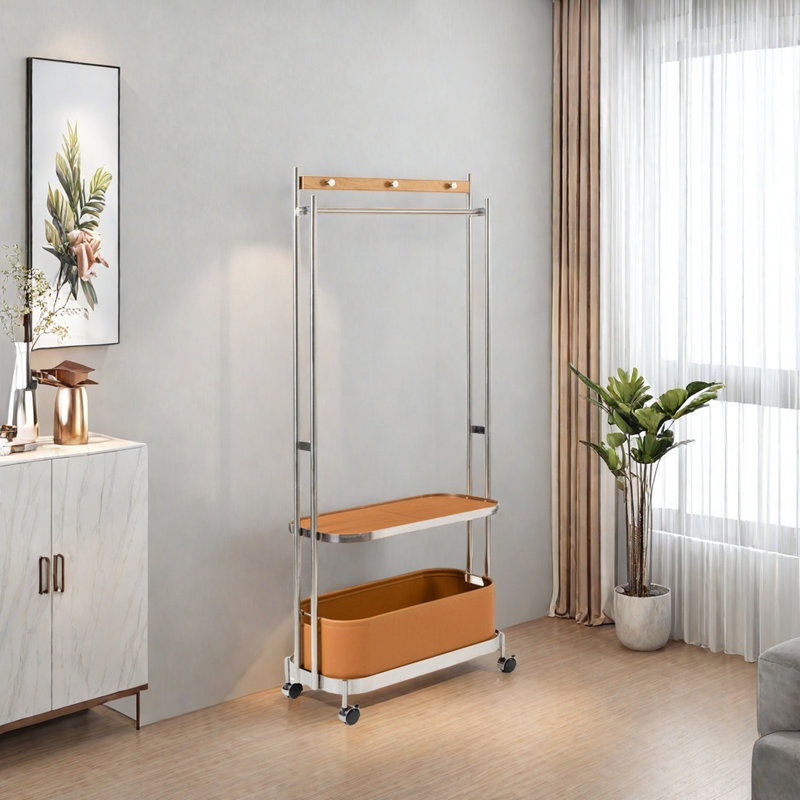 Coat Rack with Leather Basket, Brown
