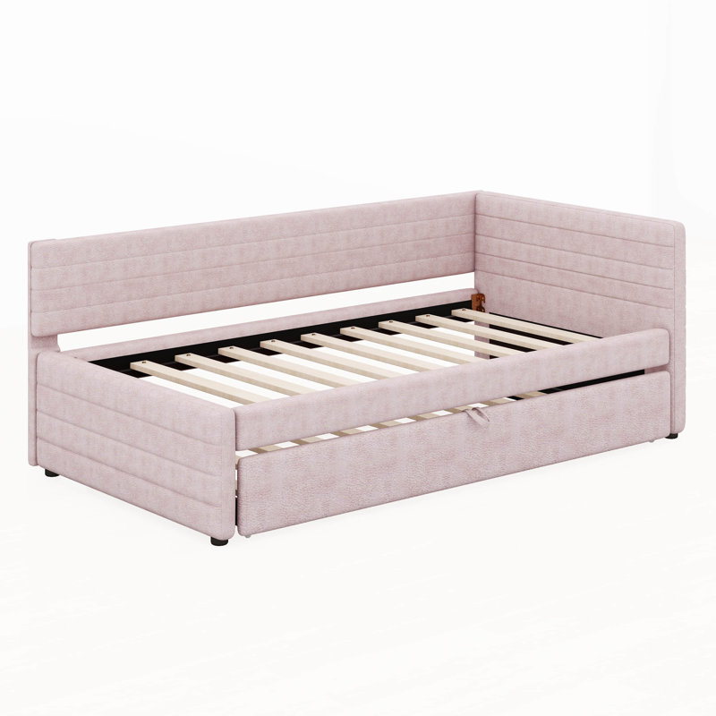 Lit de jour simple rembourré avec lit gigogne, canapé-lit en L, structure de lit simple en bois, sommier non requis, Rose