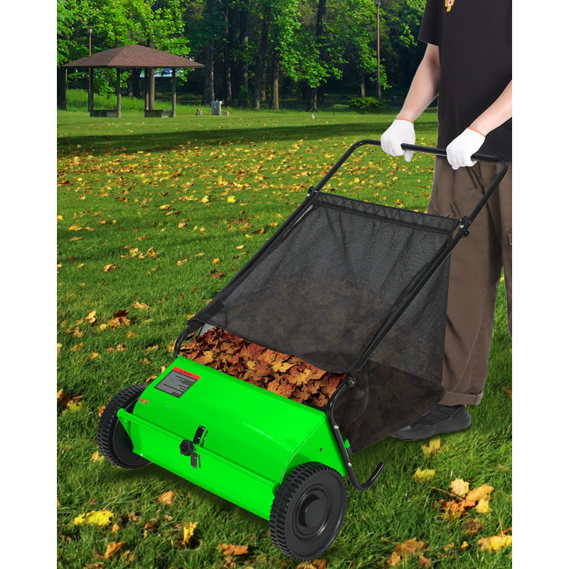 Balai à gazon 26 po avec 4 brosses rotatives, 7 pieds cubes Pi. Trémie, nettoyeur de jardin à hauteur réglable