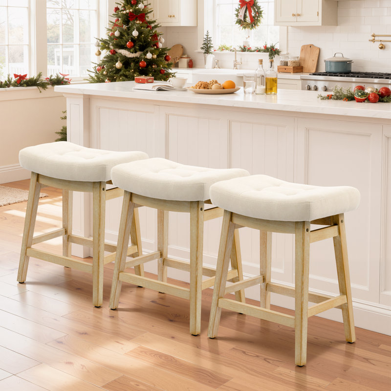 24inch Wooden Backless Saddle Counter Height Barstools Wide Seat Comfortable For Kitchen Island, Linen Beige Seat/Wood Frame