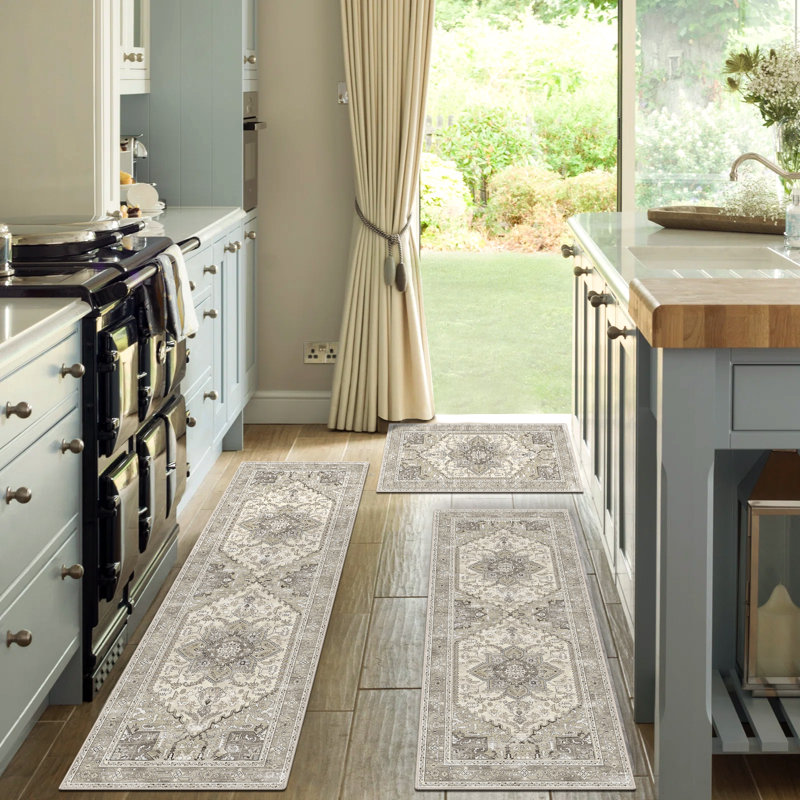Tapis et tapis de cuisine rétro antidérapant lavable (ensemble de 3), Brun / Gris