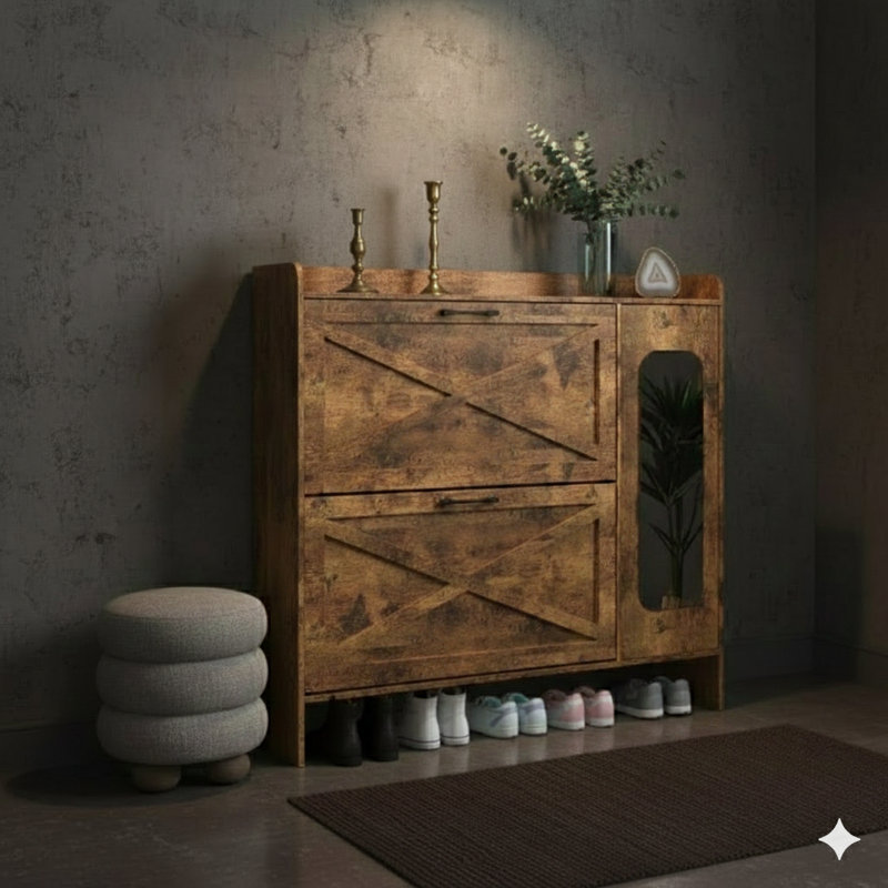 Shoe Storage Cabinet With Two Flip-Up Doors, Freestanding Organizer On Metal Legs For Entryways, Narrow Design, In A Rustic Brown Finish