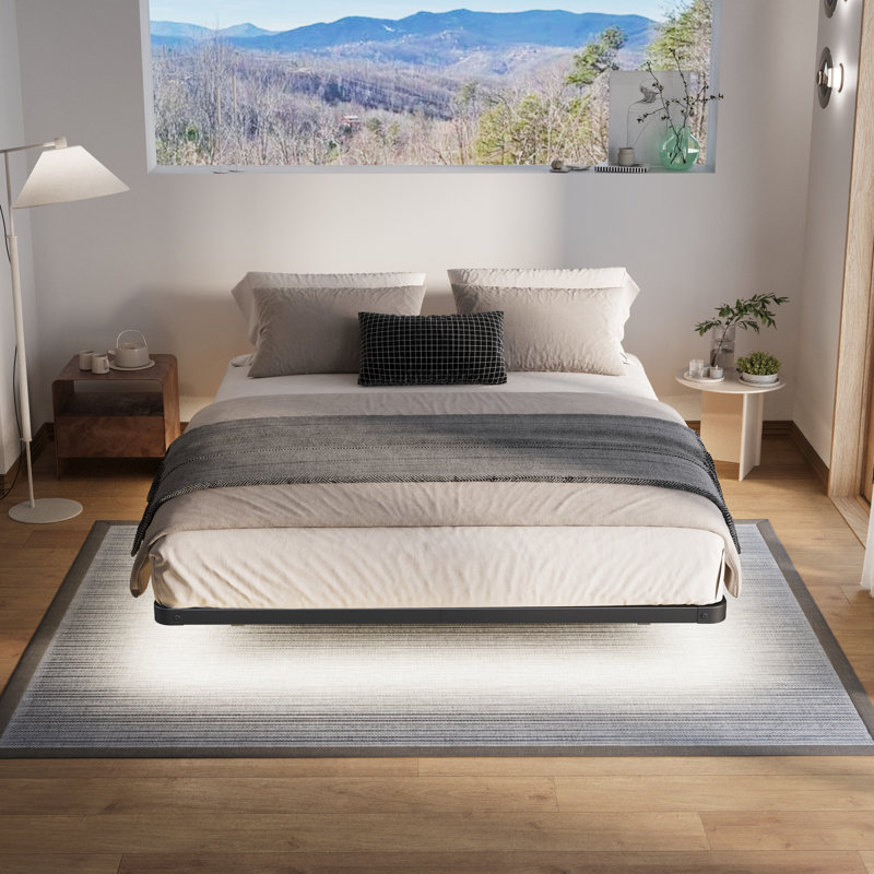 Black Queen Floating Bed Frame with LED Lights and Metal Slats