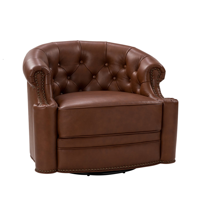 Paula 31.5'' Wide Genuine Leather Swivel Chesterfield Chair, Brown Genuine Leather