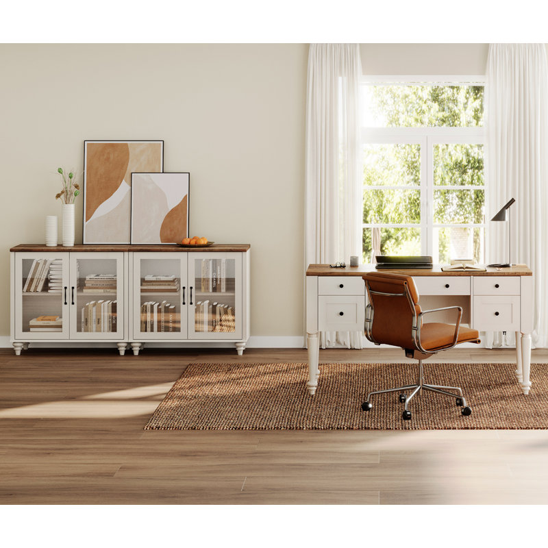 Ensemble de bureau 2 pièces, bureau double 56 po et ensemble de 2 armoires avec porte vitrée, blanc