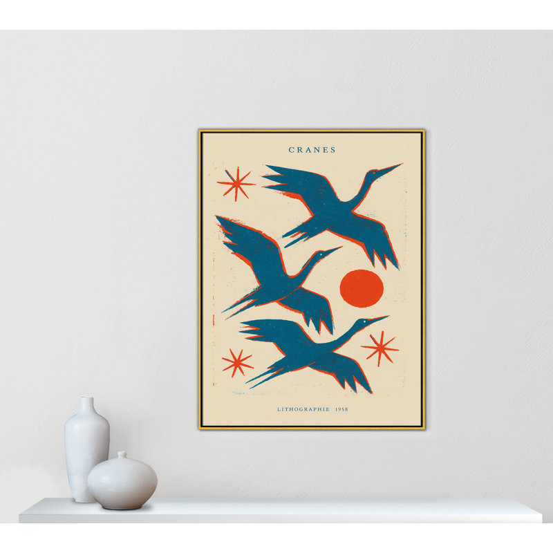 «Cranes» par Treechild, Toile avec cadre, 37.5'' W x 49.5'' H, Flotteur doré