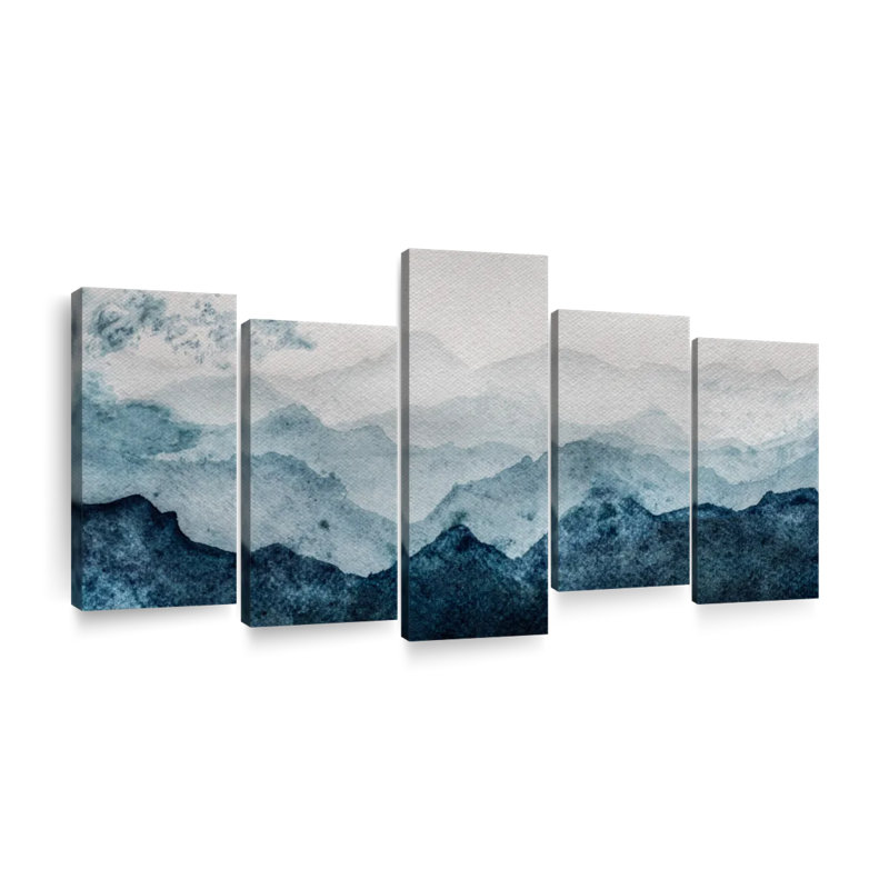 Paysage de montagne japonais abstrait - peinture sur toile tendue 5 pièces, H 48 po x l 94 po x P 1,25 po