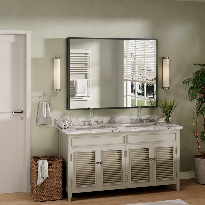 Molly Tempered Glass and Metal  Alloy Square-Corner Framed French Cleat Mounted Wall Bathroom / Vanity Mirror, 48" x 36"