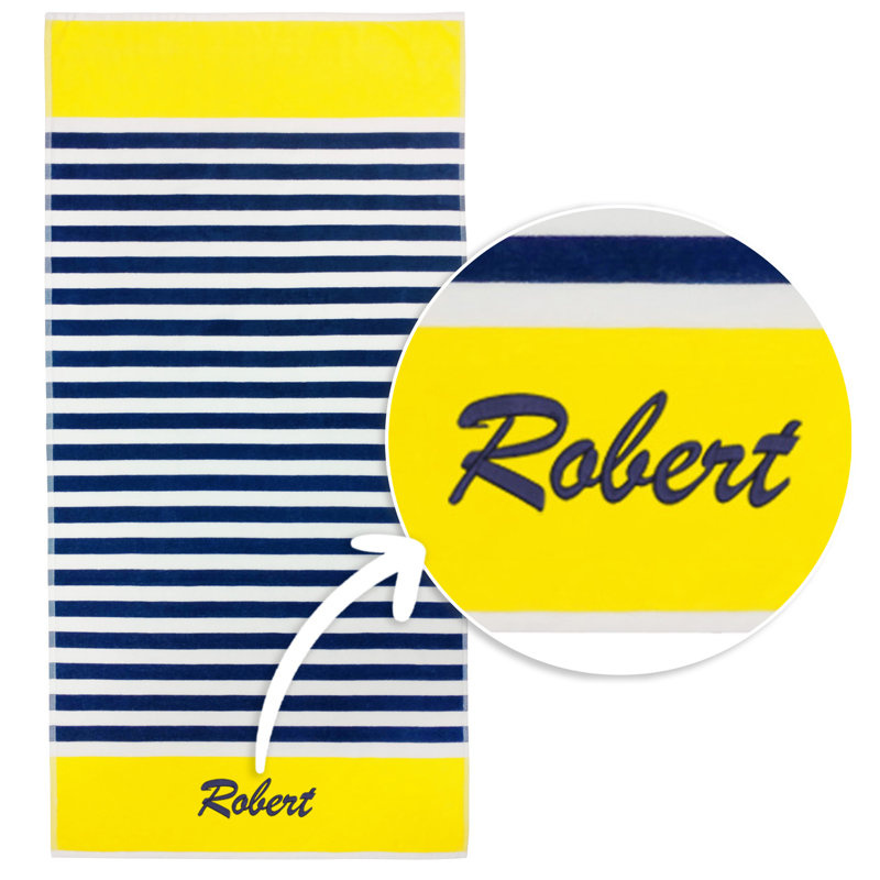 Serviettes de plage personnalisées brodées, 100% coton, velours et surdimensionnées 35 po x 70 po, Jaune, Oui