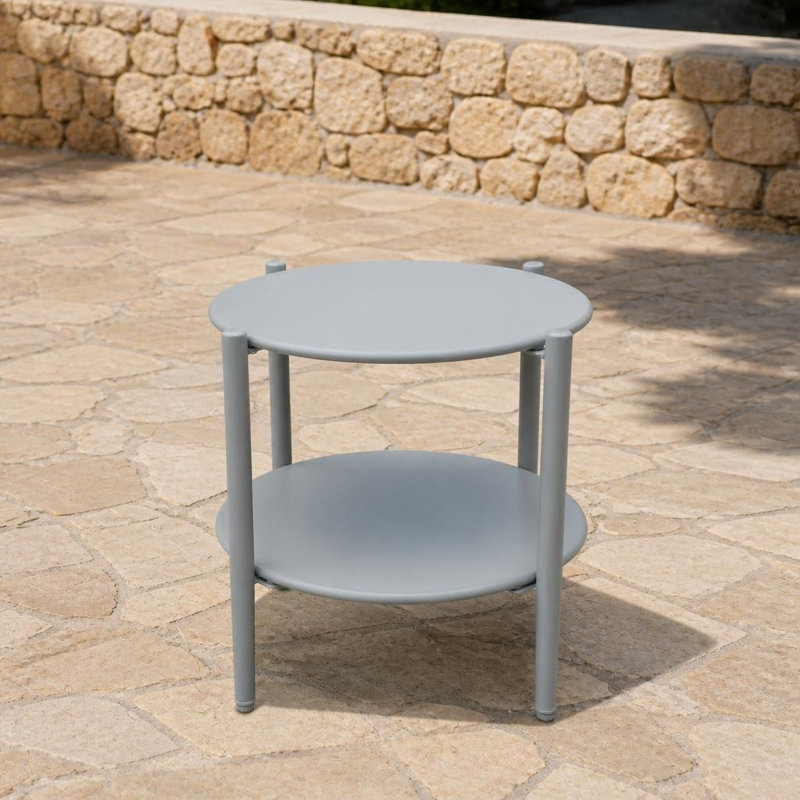 Table basse d'extérieur ronde à 2 niveaux avec tablette inférieure en corde tissée à la main et structure en métal robuste, table d'appoint à profil bas