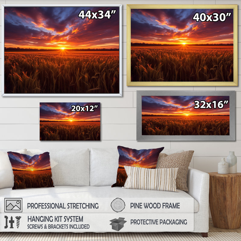«Glorious Sunset Over Flanders Wheat Fields I», reproduction sur toile, H 34 po x l 44 po, Cadre flottant doré
