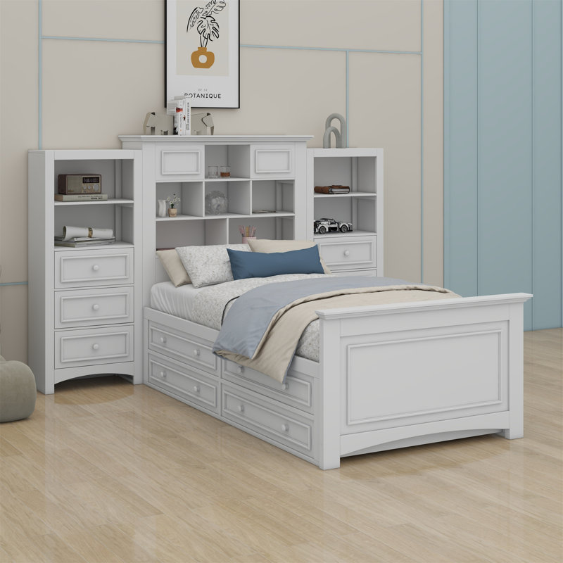 Lit plateforme avec armoire verticale et tiroirs tout-en-un, Blanc