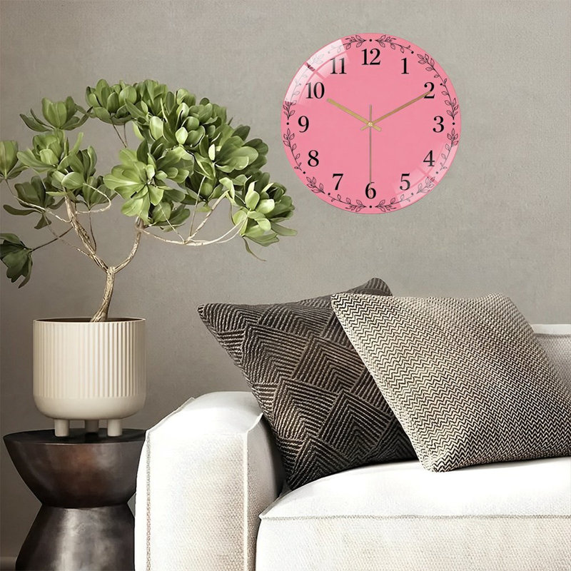 Horloge murale 12 po ronde en verre trempé avec mouvement à quartz silencieux, Rose