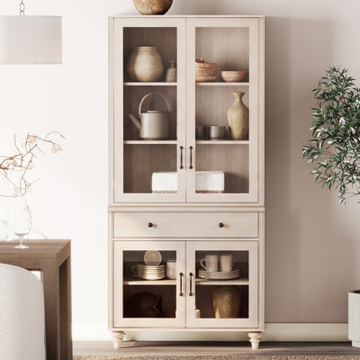 Scarlett Sideboard Cabinet With Glass Doors & Drawer, Buffet Cabinet With Storage, Beige, 34''