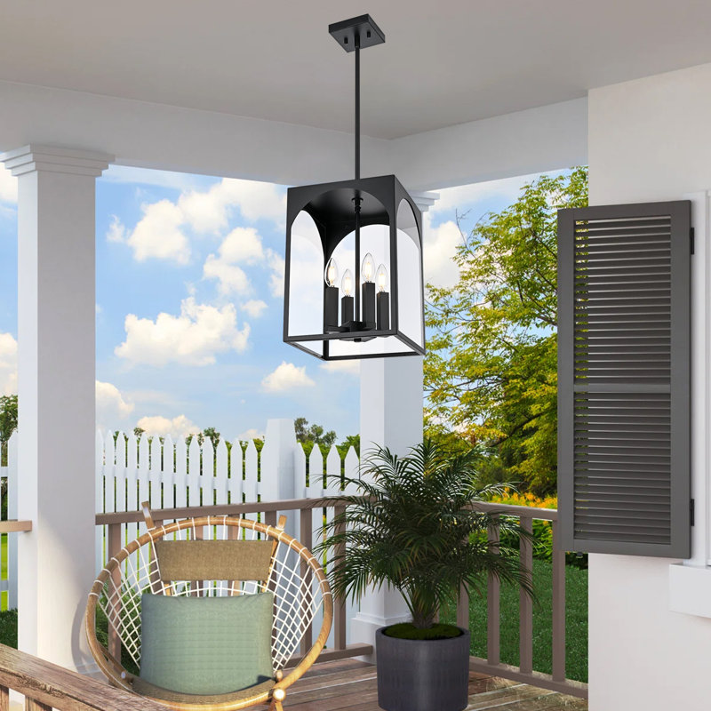 Farmhouse Outdoor Pendant Light, 4-Light Black Lantern Chandelier Ceiling Light Fixture Adjustable Height Hanging Lighting With Clear Glass For Porch, Kitchen Island, Dining Room, Entryway